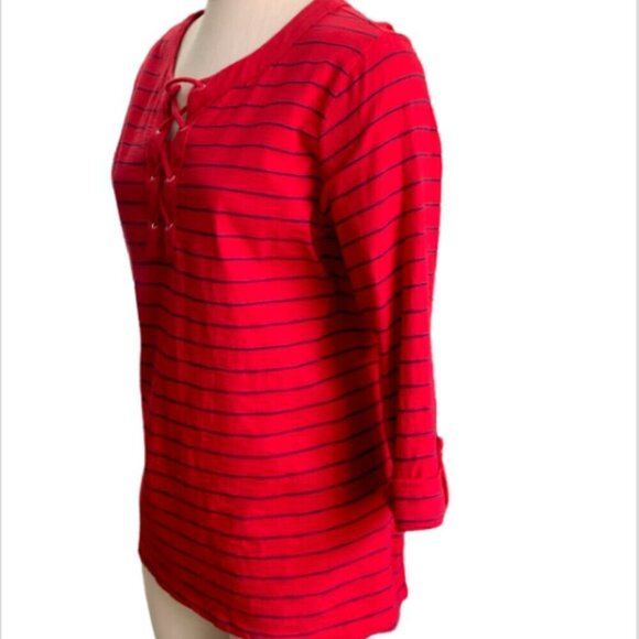 Croft & Barrow Red Striped Lace-up Tee Top Roll Tab Sleeve Sz 2X #19M - Picture 3 of 7